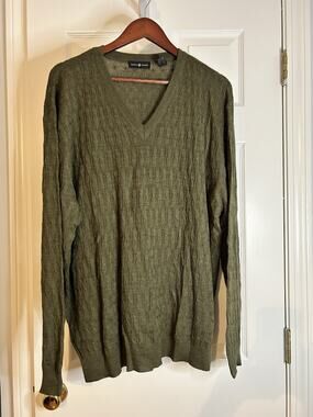 Cotton Traders Olive Wool Blend Cable Knit V Neck Sweater Men XL